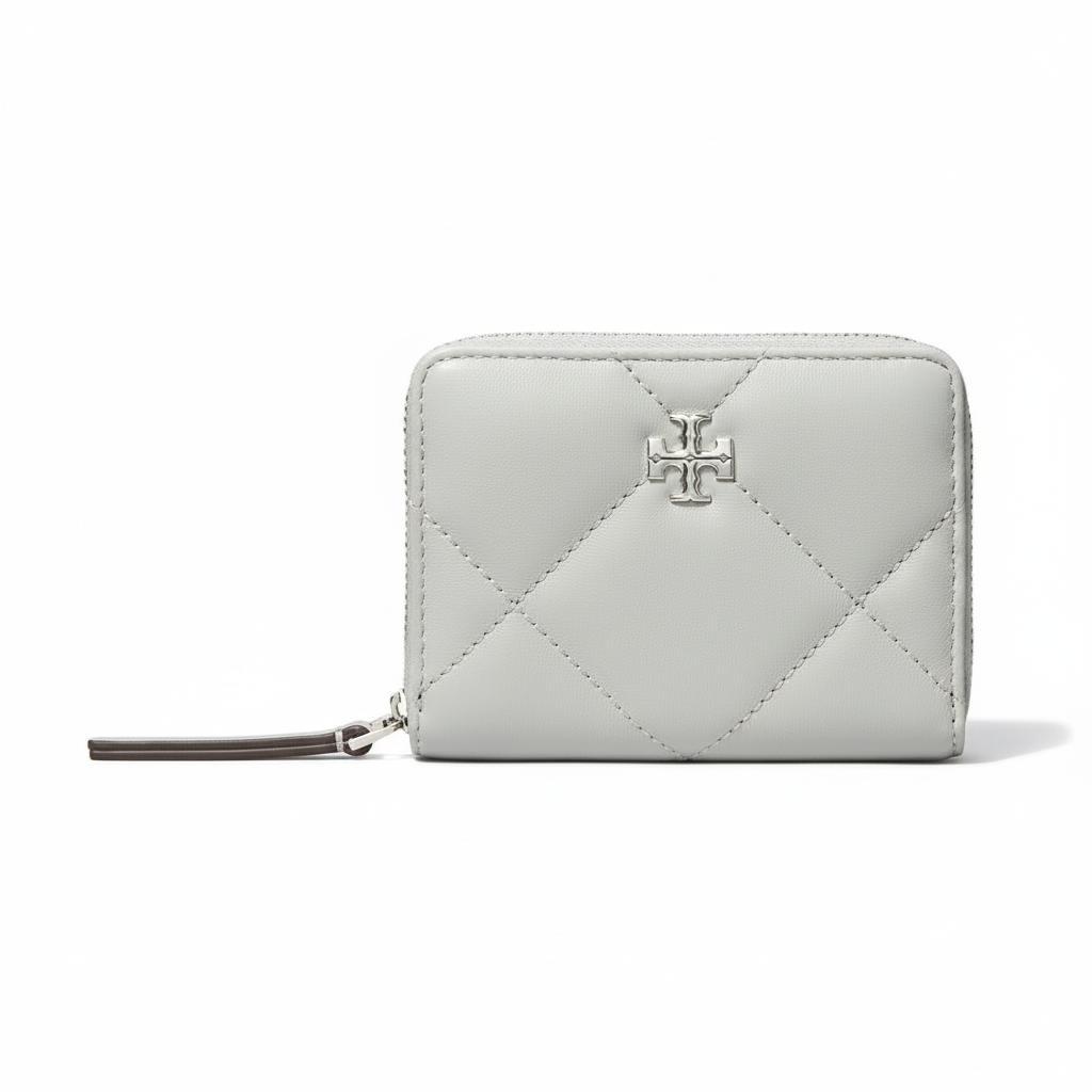 Tory Burch Kira Diamond Quilted Zipper Soft Double T Hardware Leather Wallet Small Women wallet Light-Titanium 159791-021 Basic Set (Bag+Dust Bag)