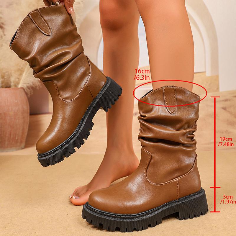Fashion Fashion Chunky Platform Mid Calf Boots for Women Pleated Design PU Leather Western Boots Woman Autumn Winter Botas De Mujer 2025