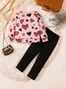 Two sets of cute heart-patterned casual round-neck long-sleeved pullovers and pants sets, suitable for  1-6 to wear in autumn/winter