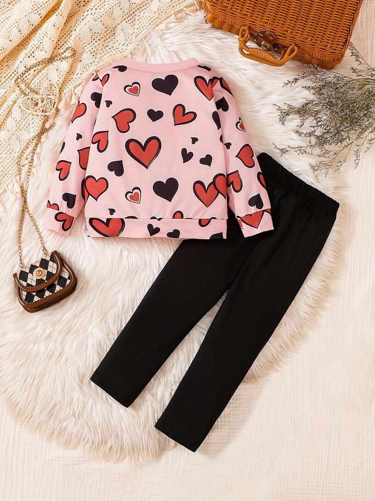 Two sets of cute heart-patterned casual round-neck long-sleeved pullovers and pants sets, suitable for  1-6 to wear in autumn/winter