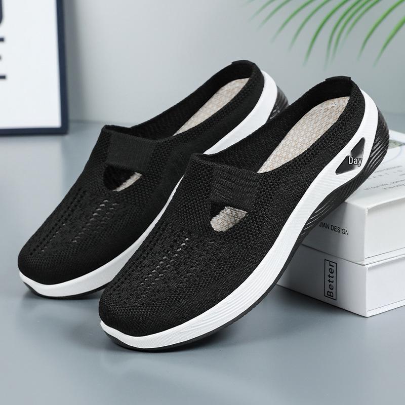 Women's Versatile Breathable Slip-On Closed-Toe Mesh Flyknit Casual Half Slippers with Soft Soles.