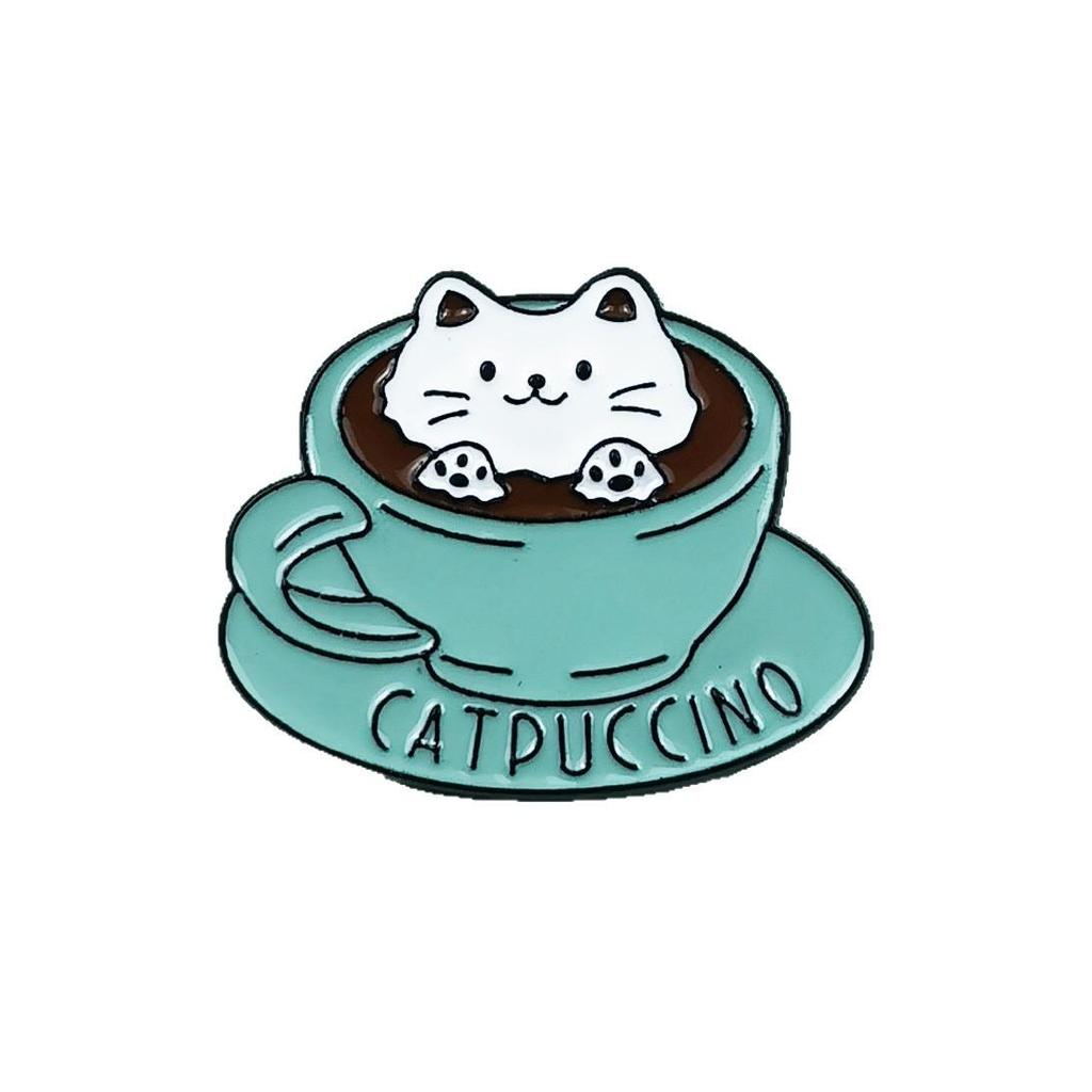 Personalized Cute Cartoon Cat Coffee Brooch - Metal Badge Clothing Accessory