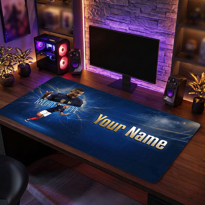Tappetino per Mouse Grande Personalizzato Kylian Mbappe, Stampa Testo Nome Personalizzato, Tappetino da Scrivania Antiscivolo con Logo Calcio, Regalo per Gamer