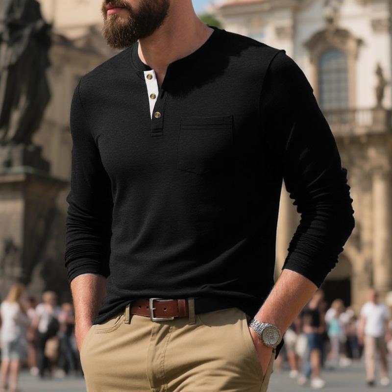 

Men S Long-Sleeved Crew Neck T-Shirt Men S Bottoming Shirt Foreign Trade Men S T-Shirt Henry Collar Top Men S XXXL чорний
