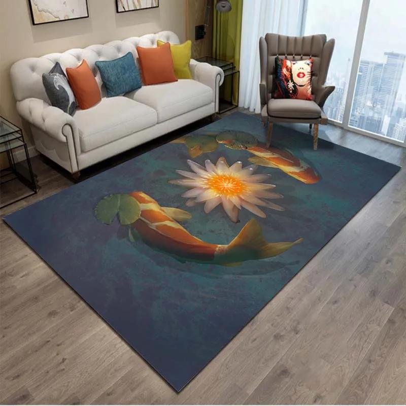 Chinesischer Koi Karpfen Tuschemalerei Glücksteppich Rosa Kirschblüten Teppich für Wohnzimmer Schlafzimmer Heimdeko Fußmatte Bodenmatten