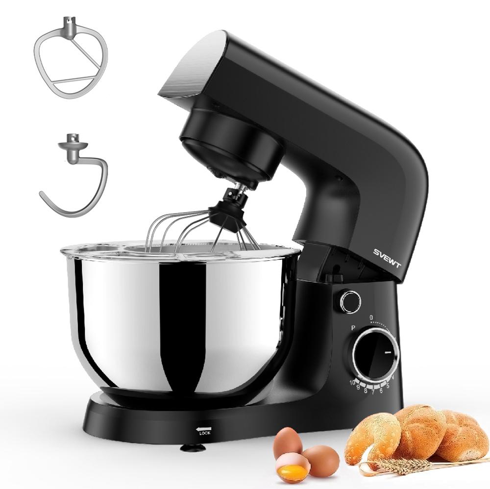 SVEWT 1500W Food Mixer, with 5.5QT Stainless Steel Bowl, Dough Hook, Beater and Whisk, 10 Speeds for Baking Mixing, Black - EU Plug