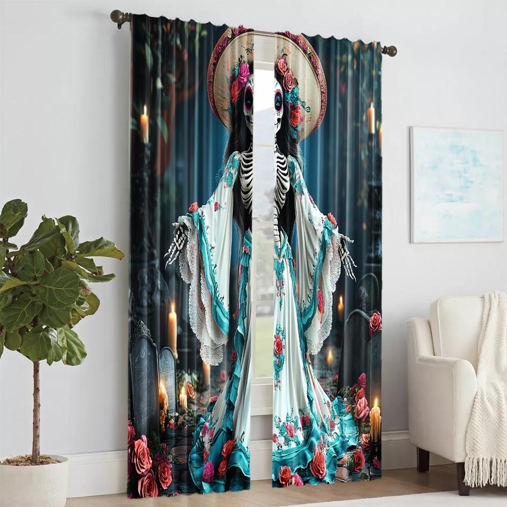 Set Of 2 Versatile Polyester Transparent Curtains Home Decoration Day Dead Sugar Skull Use Bedrooms Living Curtain Ideal For Bedroom