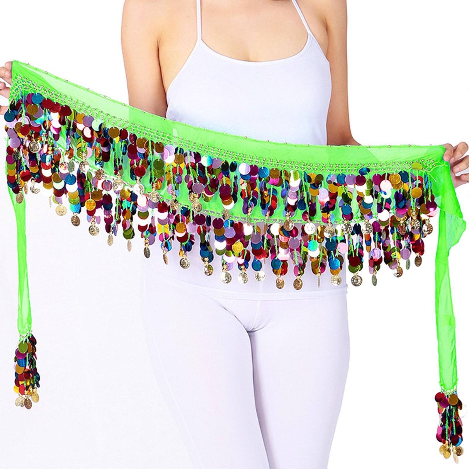 

Dazzling Belly Dance Practice Waist Band Tassels Scarf Sequisn Wrap Costume Hip Scarf Dance Skirt Wrap Colorful Sequins зелений