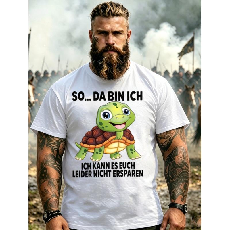 Men'S German Text & Turtle Cartoon T-Shirt - Casual Round Neck Tee With German Lettering, Machine Washable Suitable For Casual Wear, Everyday