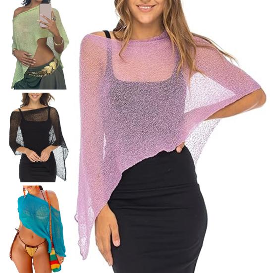 Women Cloak Shawl Mesh Wrap with Pullover Sweater Travel Wrap-around Hem Lightweight Summer Clothing