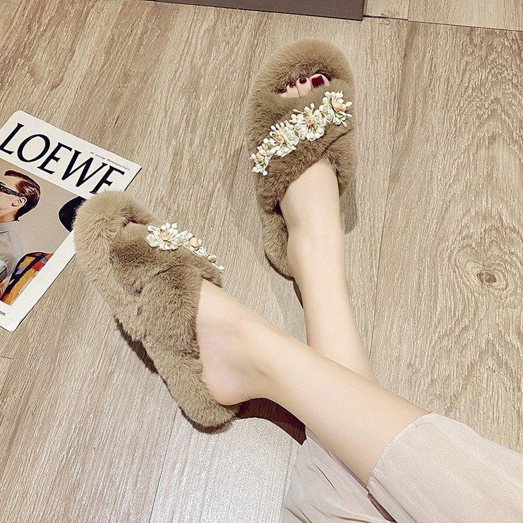 Flower thick-soled fluffy slippers women's 2025 autumn and winter new plush warm home cross cotton mop