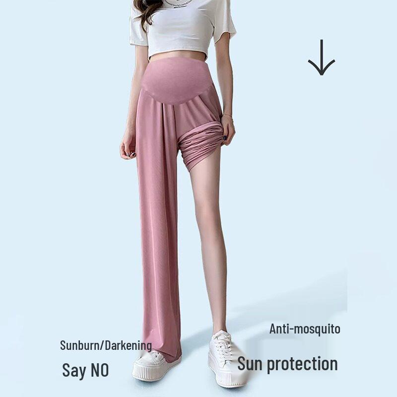 Maternity Wide-Leg Ice Silk Pants - Summer, High Waist, Tummy Support, Plus Size, Comfortable Fit
