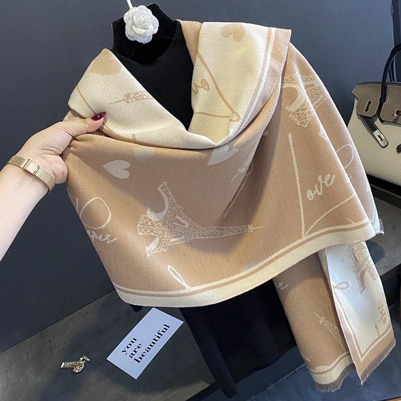 New Autumn and Winter Imitation Cashmere Scarf for Women European and American Style Iron Tower Pattern  Warm Outer Wear Multi Purpose Scarf
