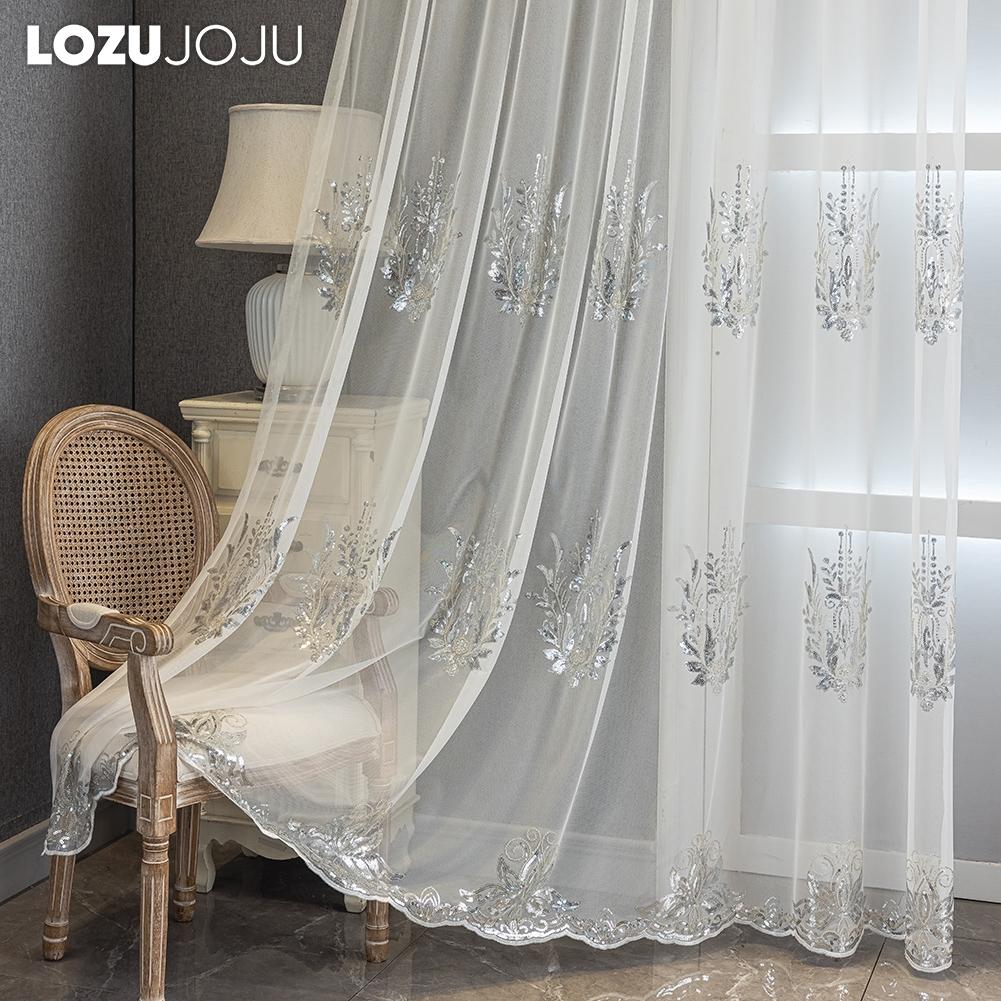 1PC European Transparent Luxury Handmade Pearl Embroidered Sheer Curtains for Living Room Bedroom Home Decor LOZUJOJU