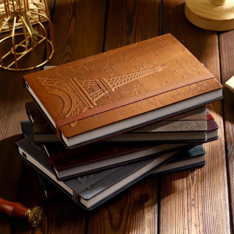A5 Three-dimensional Embossed Iron Tower Retro Notebook Thick Paper Strap Hardcover Hand Ledger Diary Business Notes