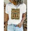 European Size Women'S Egyptian-Inspired Graphic Print T-Shirt - Casual Crew Neck Short Sleeve Top with Hieroglyphs & Ankh Design