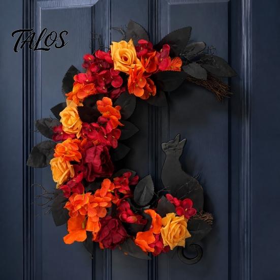 Halloween Wreath for Front Door Black Cat Moon Wreath, Gothic Crescent with Artificial Fall Rose Flowers Home Porch Wall Decor Floral