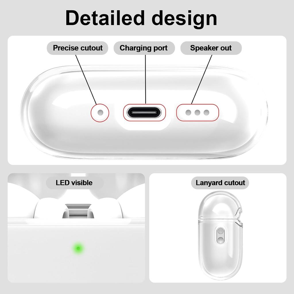 EQD AirPods Pro 2 Kılıfı Şeffaf, Temizleme Kiti ve Anahtarlık ile, Beyaz