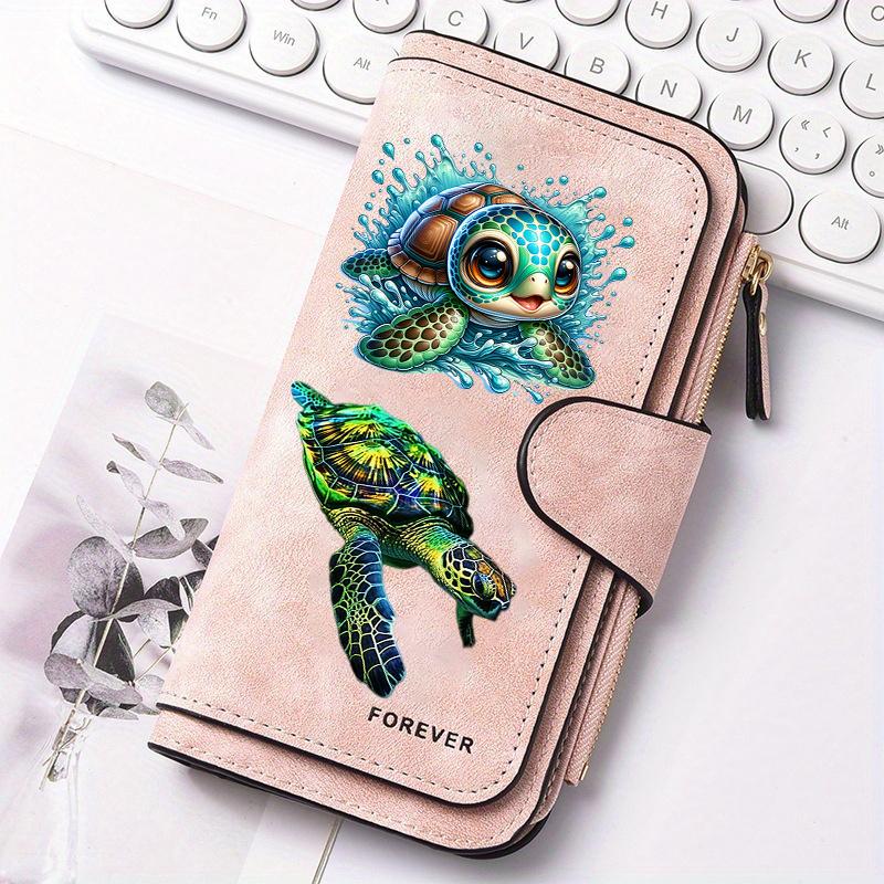 Gift for Women Turtle Print Long Zipper Wallet Tri Fold Card Holder with Multiple Card Slots Cash ID Credit Card Organizer Cute Purse Clutch for
