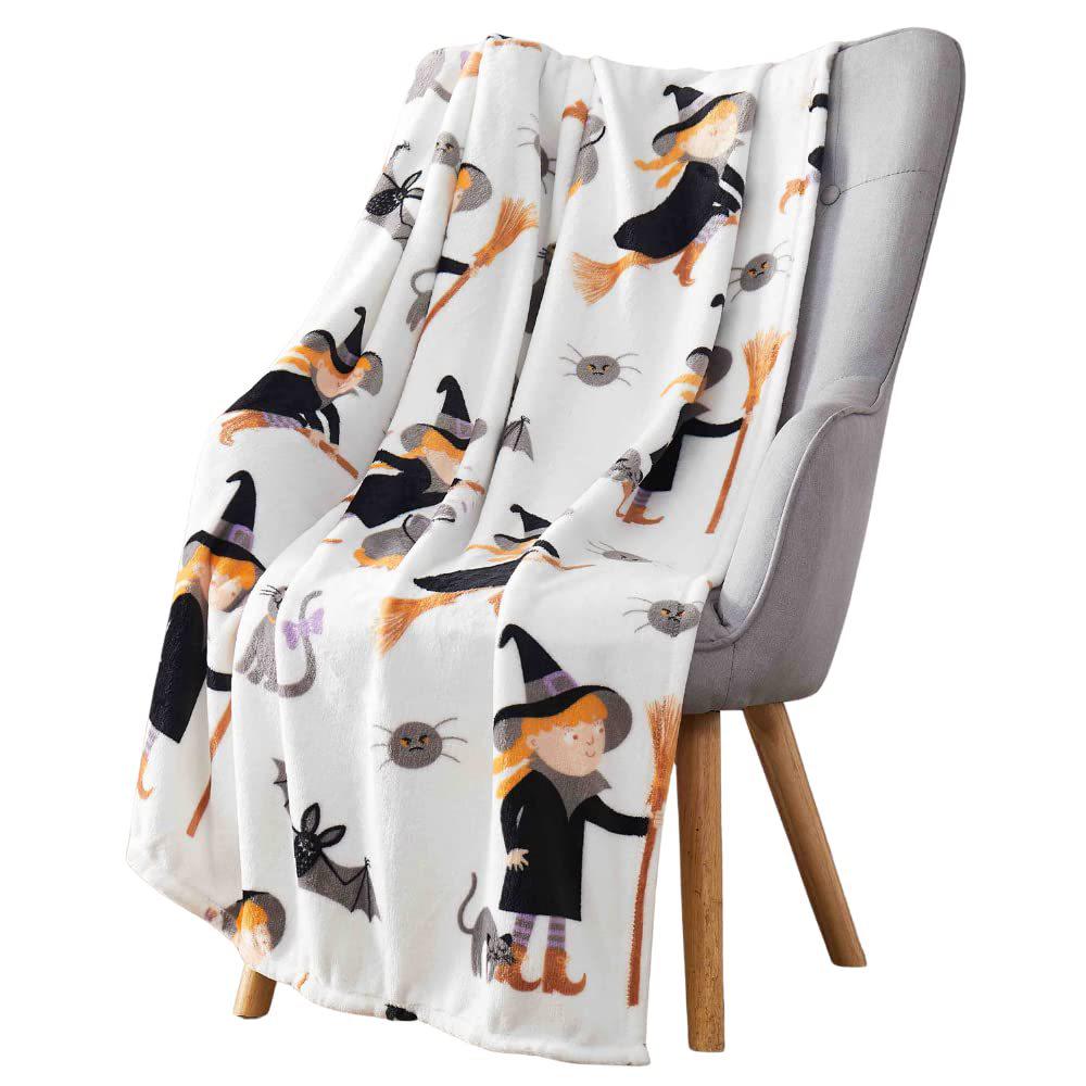 Halloween Flannel Blanket - Soft, Warm, Spider Webs, Witch Hats, Bats Design