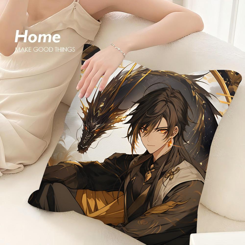 Zhongli Genshin Impact Pillow Case Sofa Decorative Home Double-Sided Printing Short Plush Cushion Cover Throw Pillow Cover