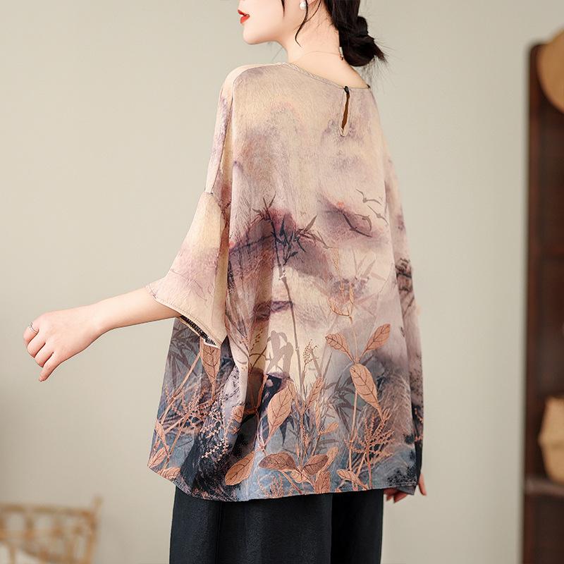 Ethnic Style Summer Cotton Linen Blouse Ethnic Style Bat Sleeve Loose Large Round Neck Comfortable T-shirt for Women