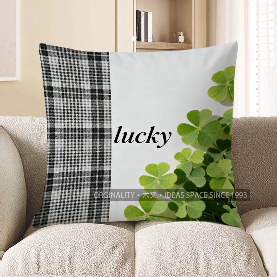 2D Lucky Four-Leaf Clovers Checkered Throw Pillow Pattern Cushion Cover Suitable For Sofa Bedroom Car Pillow Cover