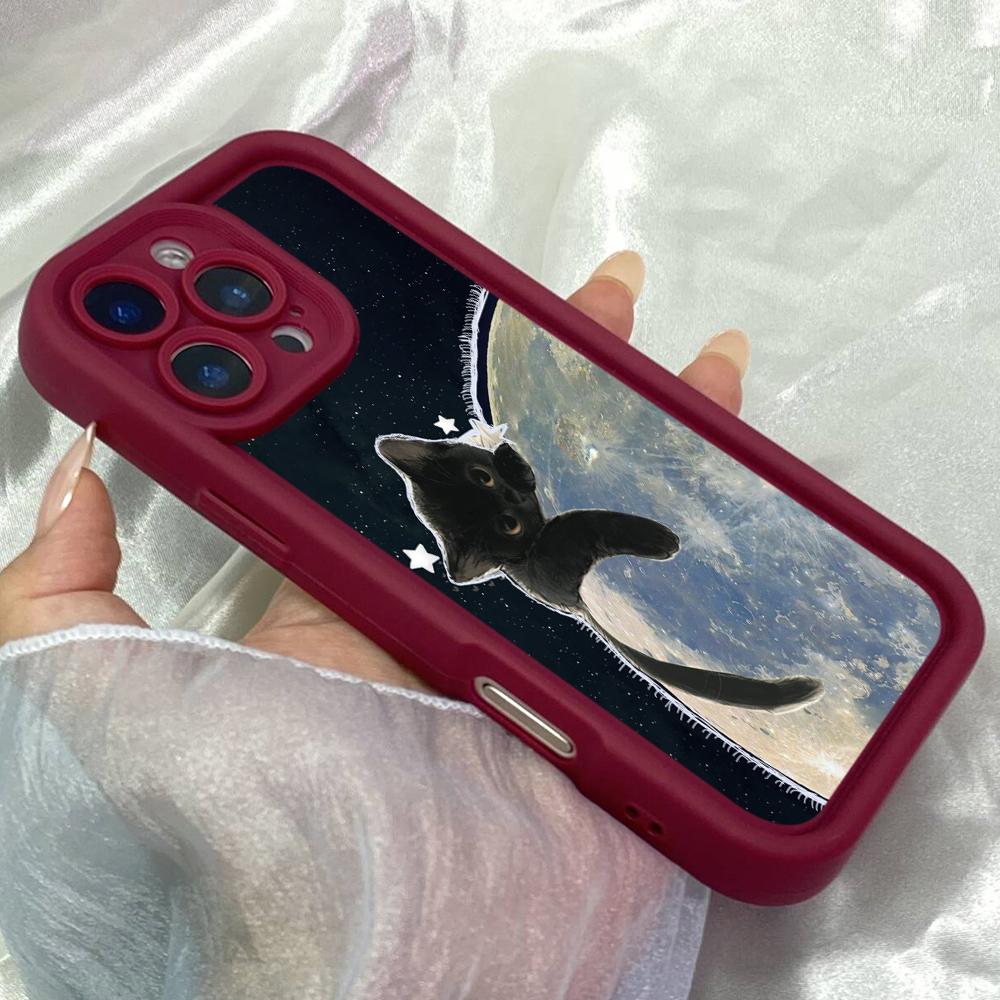 JT123 Katze umarmt Mond für iPhone 17 16 15 14 Pro Max Samsung S26 S25 S24 Ultra A17 A16 A07 A56 A06 Xiaomi 15T Redmi 15c 14c Note 13 14 Weiche TPU-Hülle