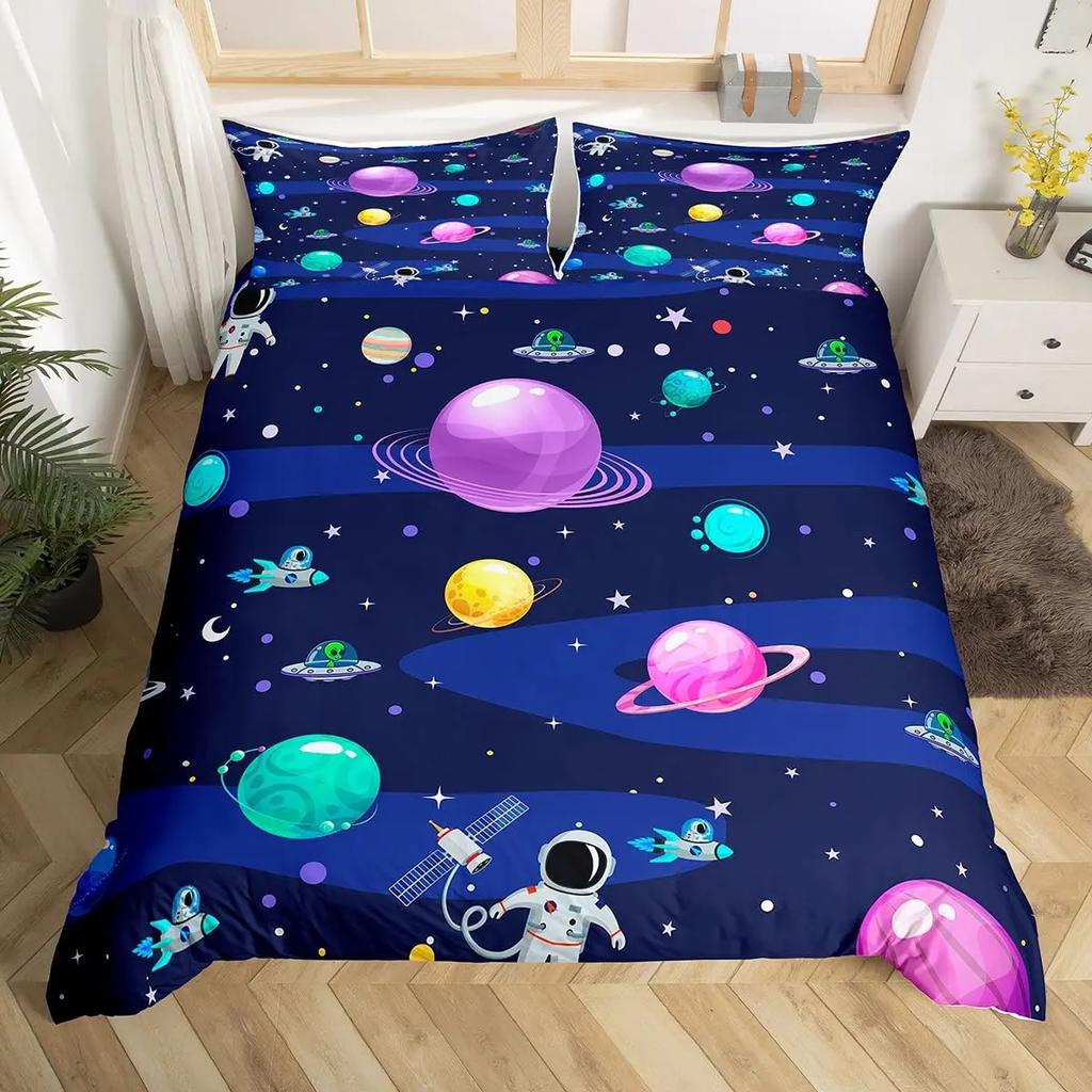 Cartoon Astronaut Duvet Cover Set Moon Clouds Starry Sky Quilt Cover Microfiber Galaxy Bedding Set Twin King For Boys Girls Gift