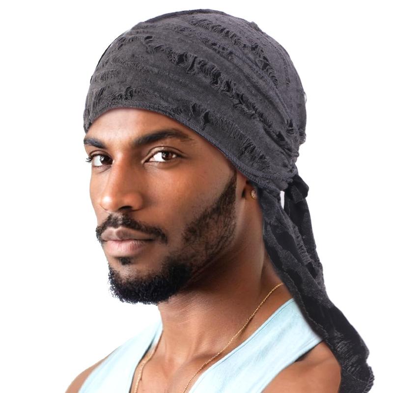 Men's Distressed Street Pirate Style Durag Head Wrap,Breathable Casual Streetwear Bandana with Double Long Tail Strap Pirate Hat
