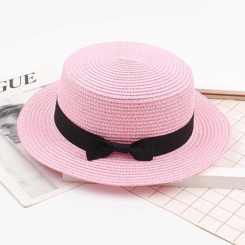 Korean Straw Hat - Retro Bow Flat Top Fedora for Spring & Summer Beach Days
