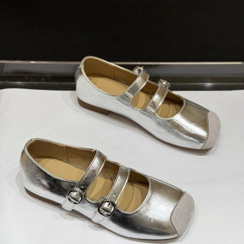 Soft-soled Soft-faced Low-heeled Single Shoes Autumn New Spliced Square-toe Shallow-mouth One-band Non-slip Low-top Shoes