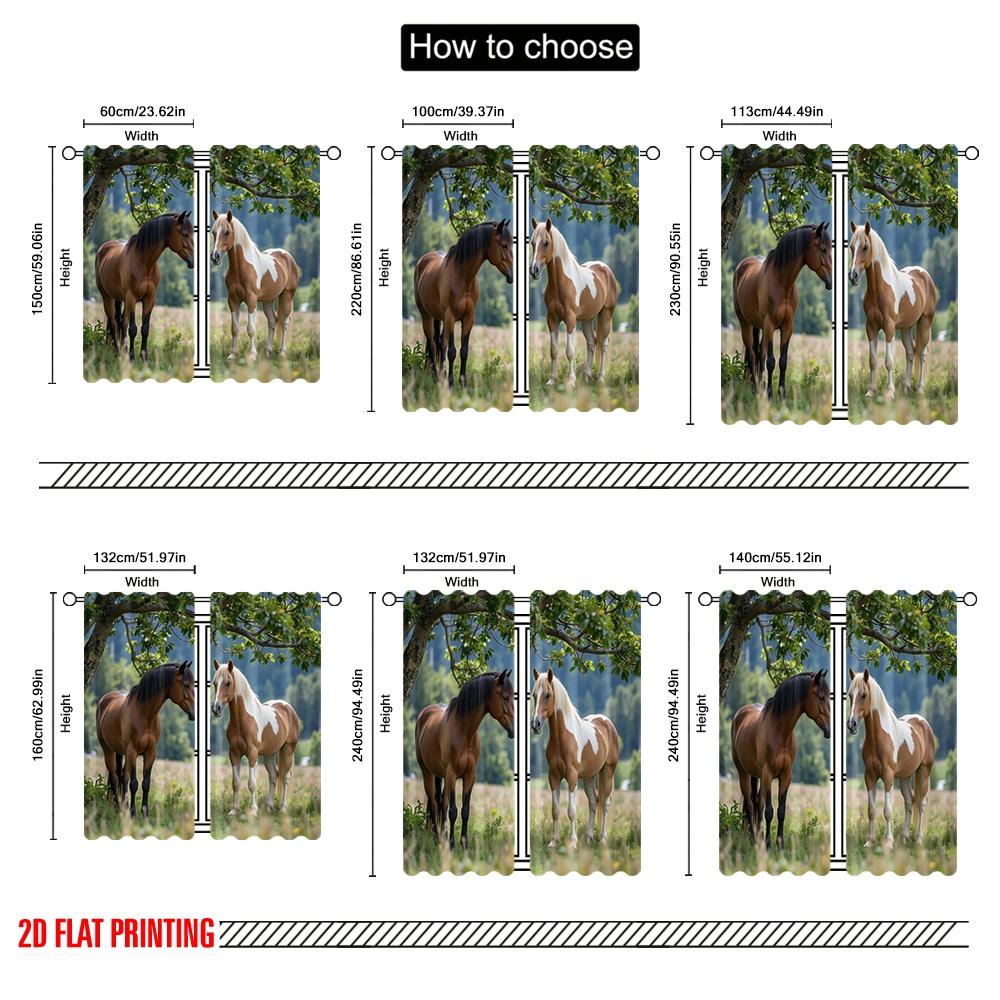 Set Of 2 Flat Printing Curtains Two Horses Versatile Polyester Without Electricity Family Party Decoration Various Room Curtain