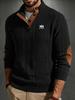 Mens Retro Stand Neck Shirt, Textured Jacquard Fabric, Half Placket Design, Comfortable Pullover with Contrast Elbow Patches