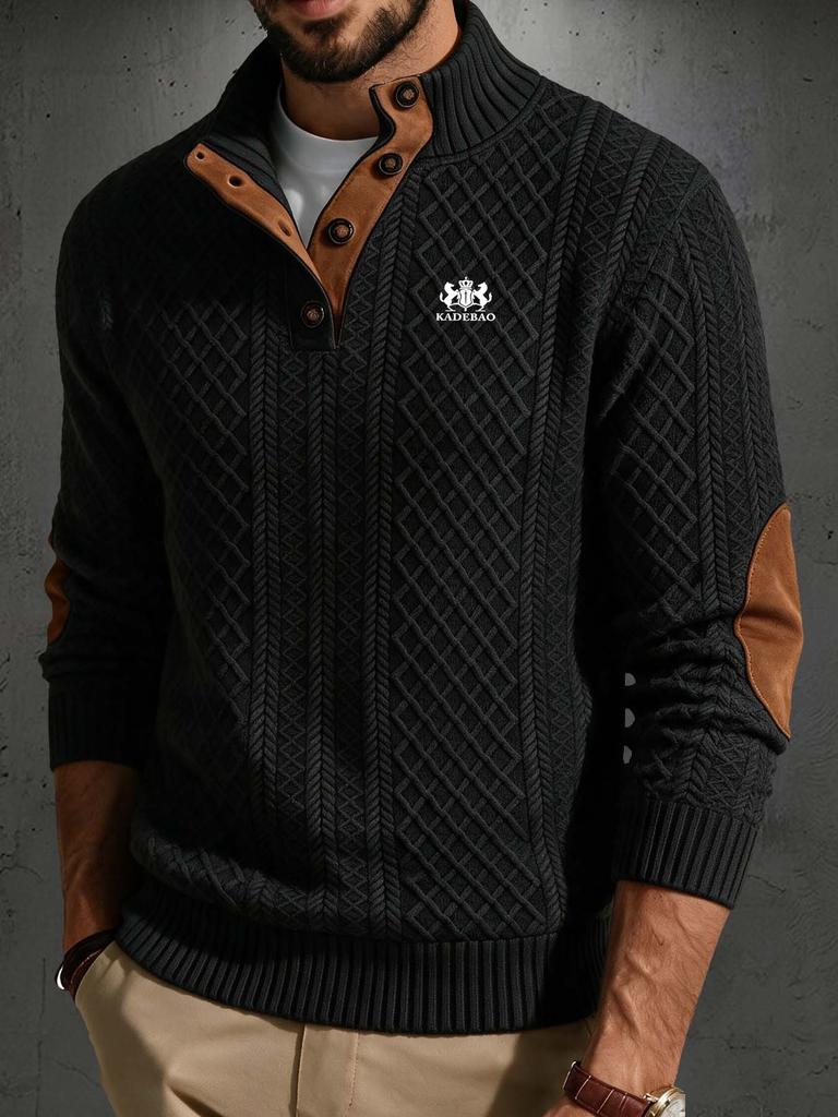 Mens Retro Stand Neck Shirt, Textured Jacquard Fabric, Half Placket Design, Comfortable Pullover with Contrast Elbow Patches