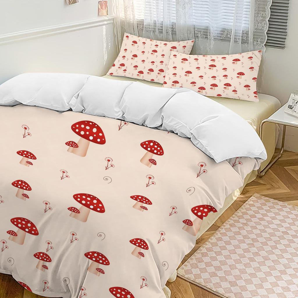 Red Cartoon Mushroom Three-Piece Quilt Cover Digital Printing Bedding Set Bed Cover