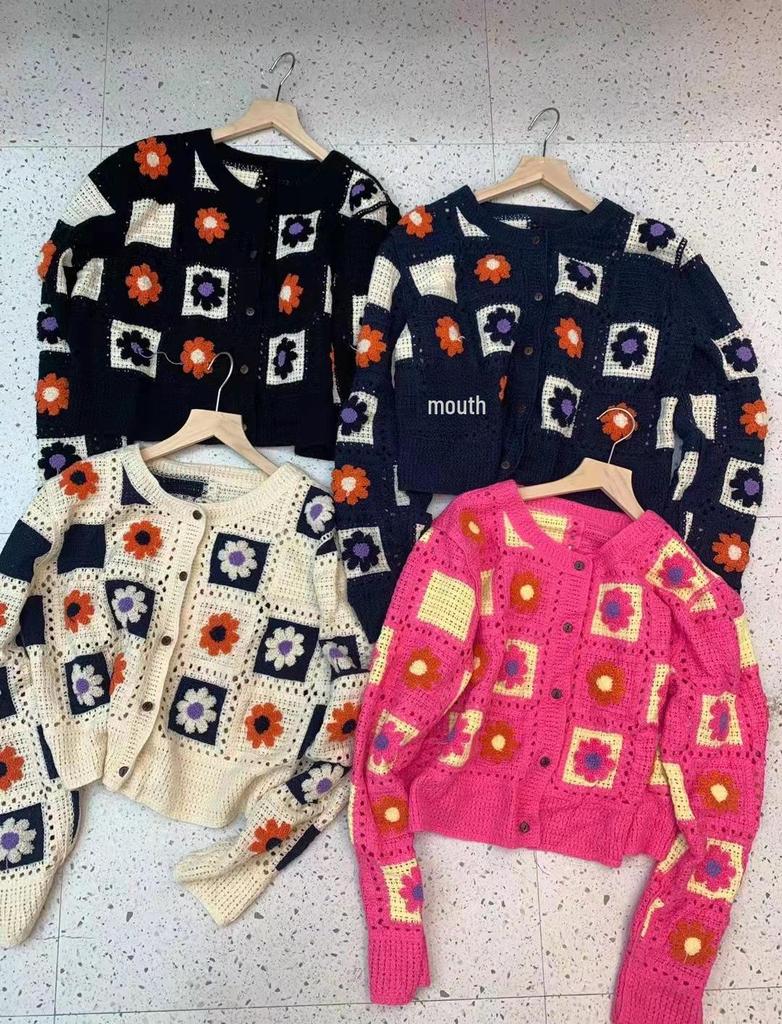 Vår Japansk Söt Ihålig Broderi Blommig Stickad Kofta - Dam Kort Långärmad Tröja Trend