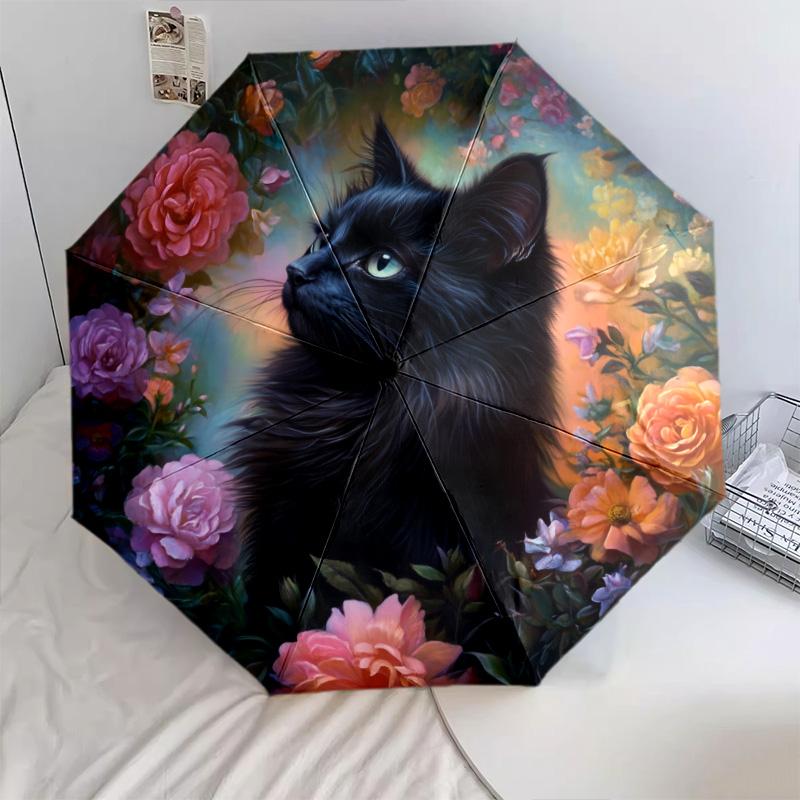 0106 Floral Black Cat  pattern, automatic folding umbrella, portable and foldable design, 8 ribs, a Christmas or birthday gift.