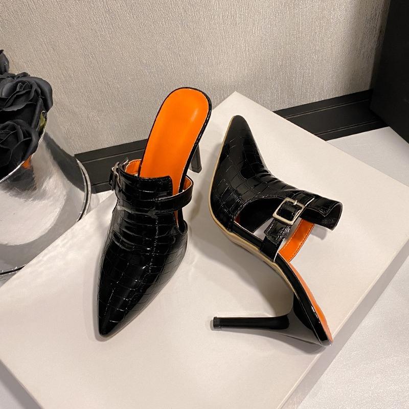 Stone Pattern Pointed Toe High Heels Women's Fashion Baotou Shallow Mouth Cutout Metal Buckle Stiletto Comfort Sandals