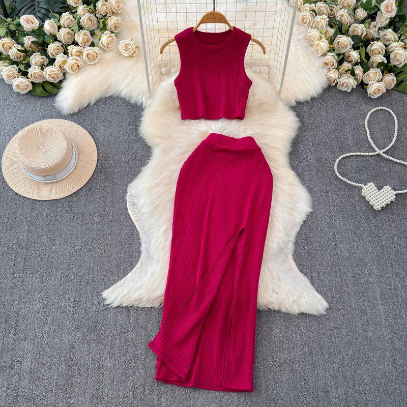 

Elegant Socialite Sleeveless Split Sheath Fashion Suit Rose Red One size