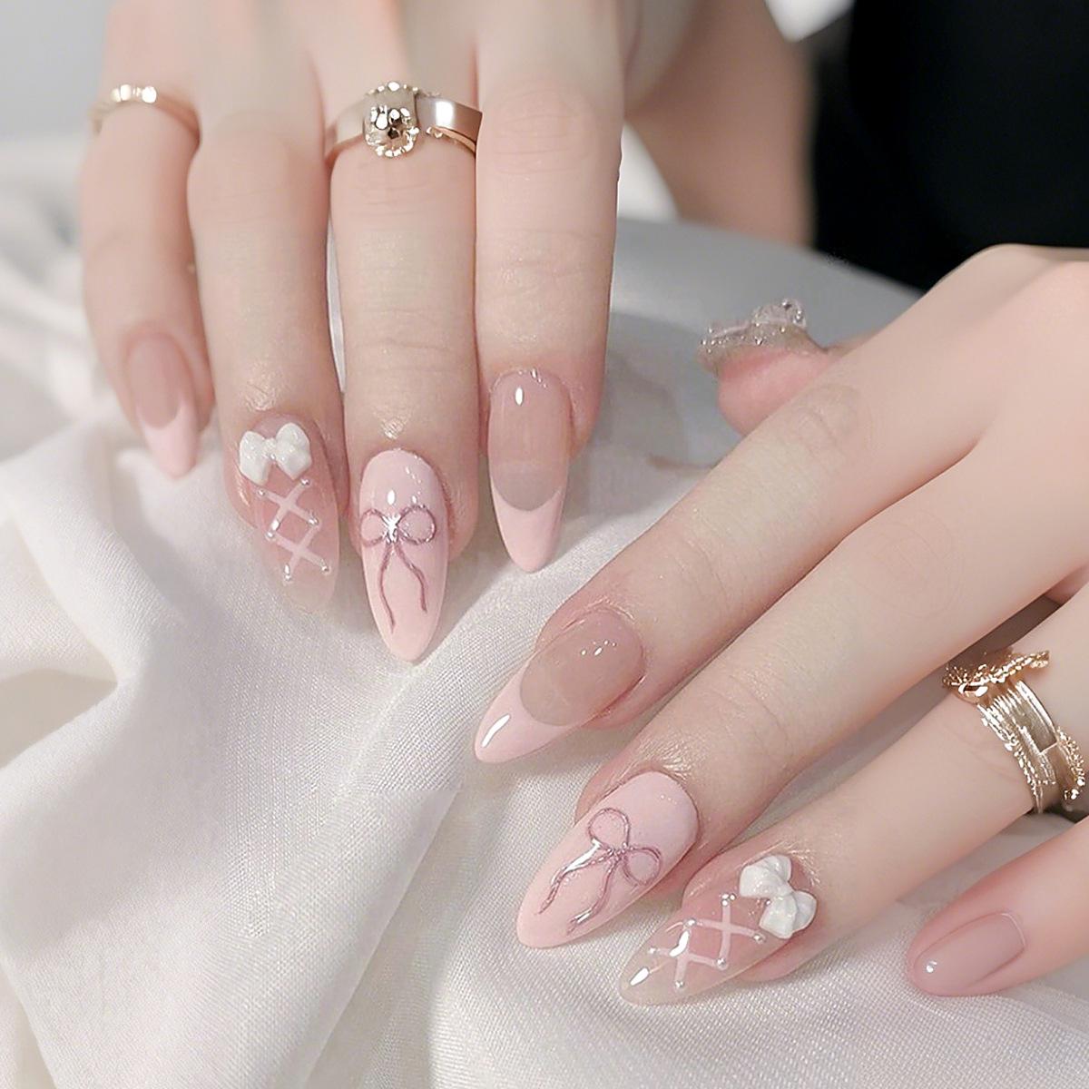 

Sweet Pink Bow Nail Patches - Solid Color French Manicure False Nails