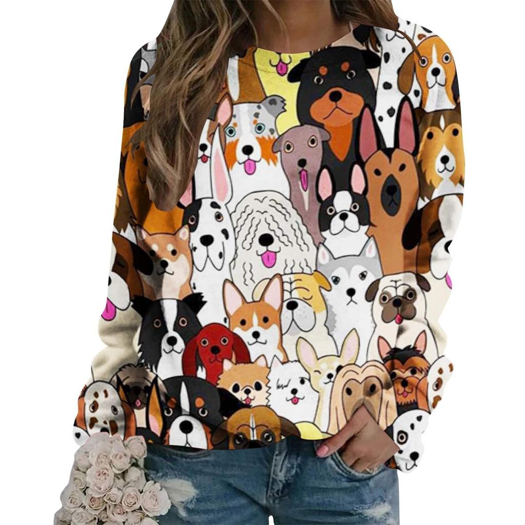 Ladies Casual Fashion Print Long Sleeve Round Neck Pullover T-Shirt Top