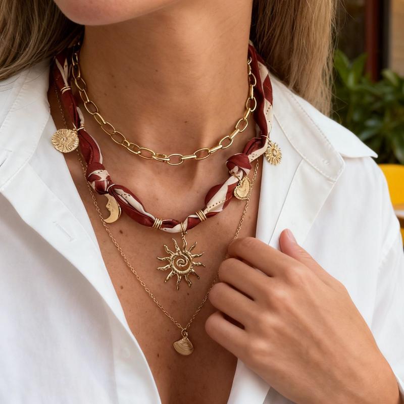 3Pcs/Set Bohemian Printed Fabric Necklace Women Vintage Starfish Conch Pendant Necklace Jewelry