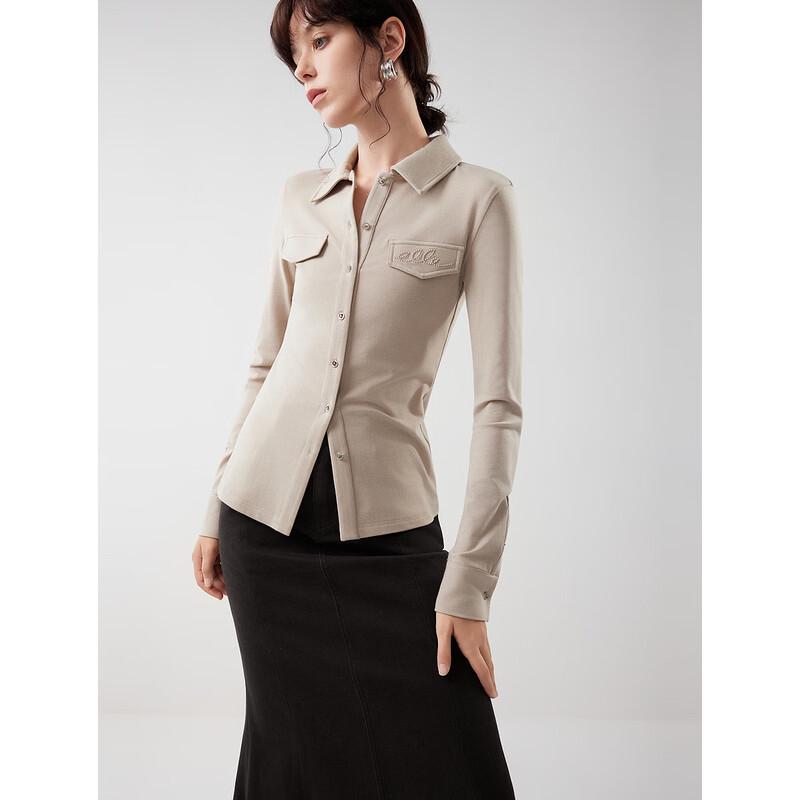 ELLE Women s Merino Wool Blend Collared Long-Sleeve Top S