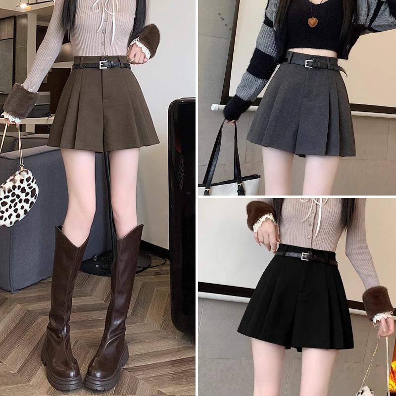 

Women s High Waist Woolen A-Line Shorts – 2024 Autumn/Winter Fashion, Thick Pleated Wide-Leg Style S кавовий