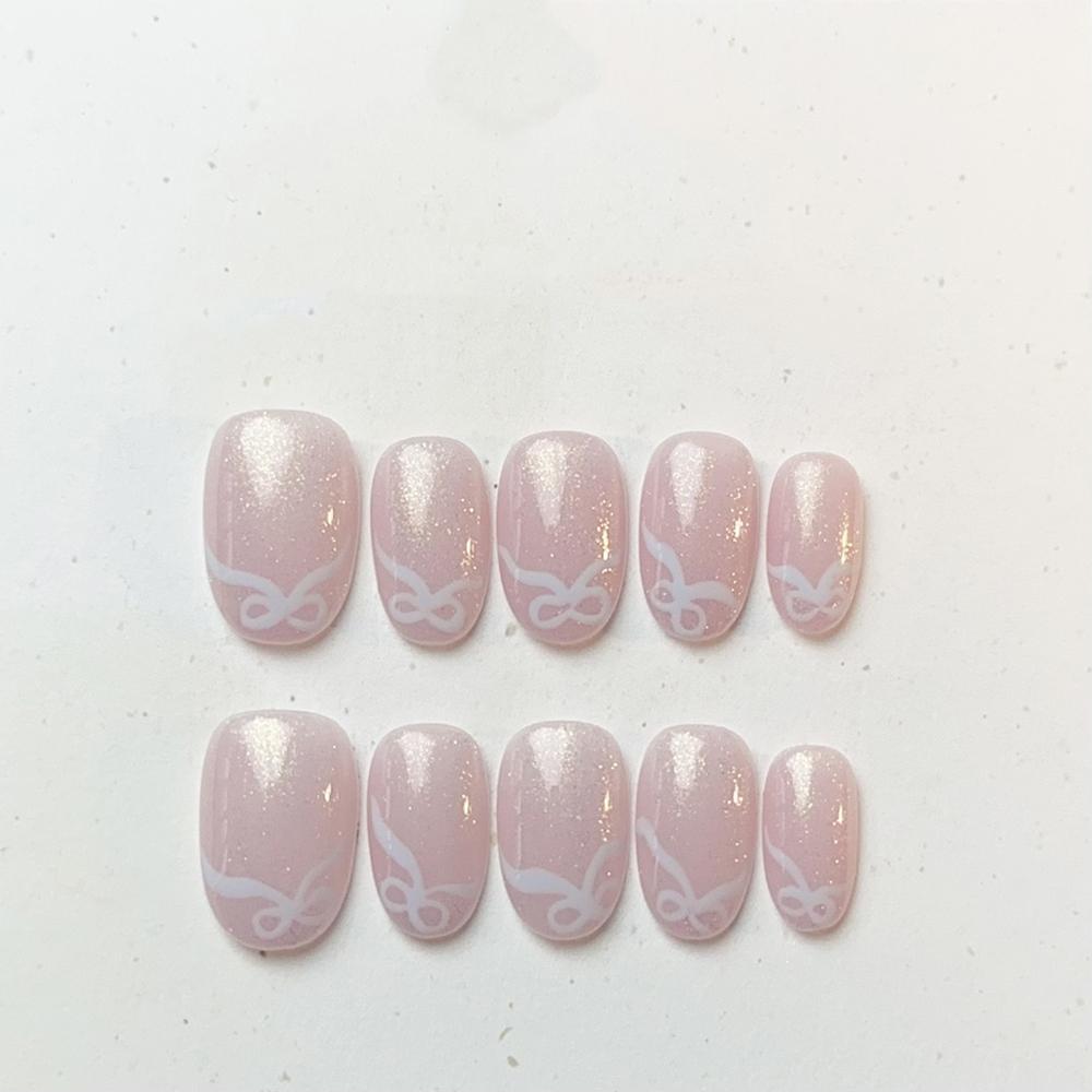 Handmade Cat Eye Short Square Oval Press On Nails With Bowknot Pearl Diamond Flower Star Decor Detachable Full Cover