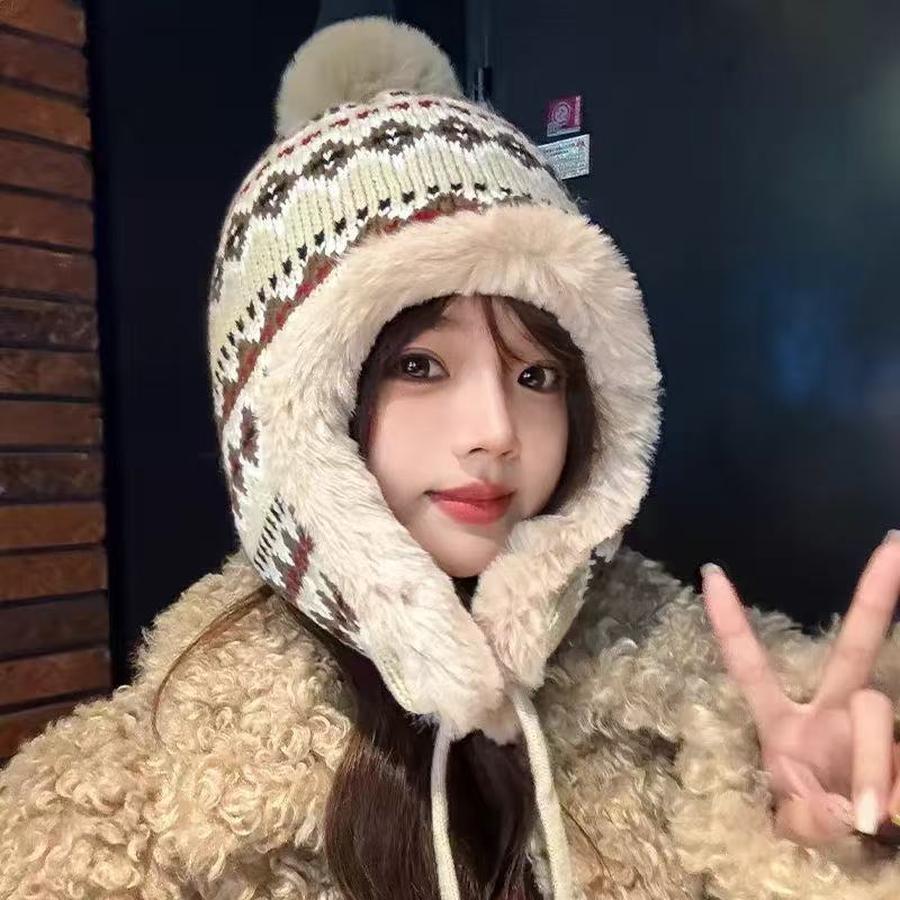 Ethnic Style Hat for Women, Winter Knit Warm Thick Fleece Headwear, Anti-Cold, Thick Fleece, Slim Face, Ear Protection Hat, Iron Hat