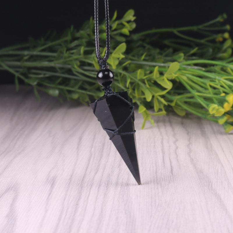 Natural Obsidian Stone Crystal Point Pendant Black Stone Charm Necklace Amulet