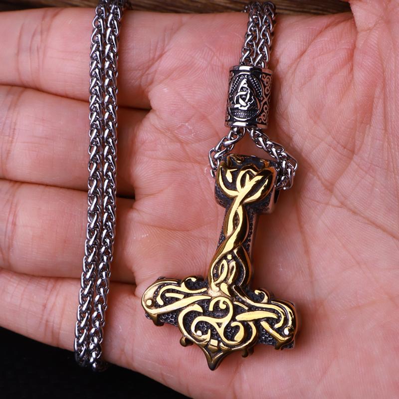 Flerfärgad pärlhalsband med vikingahammare och Thors hammare, rostfritt stål, herrhalsband, Mjolner amulett, smycken