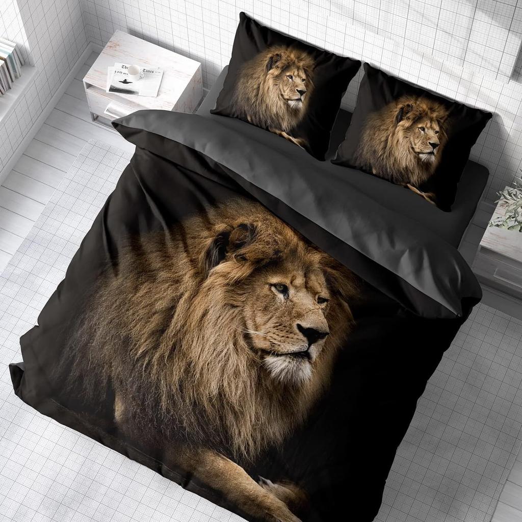 Lion Head Black Backdrop Duvet Cover Set Queen King Size 3 Piece Bedding With 2 Pillow Shams